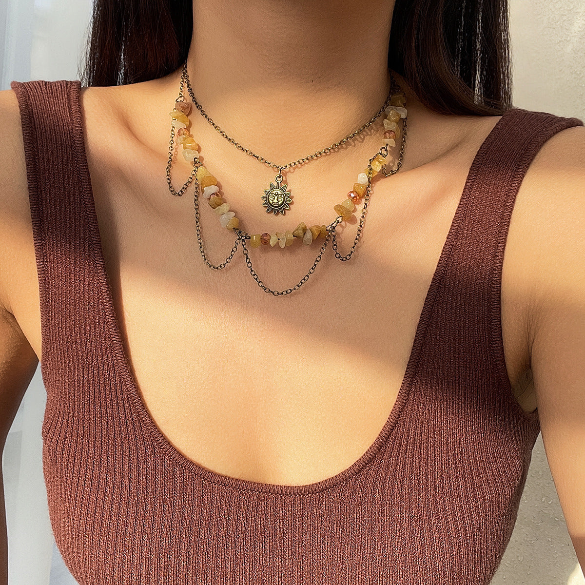 Wholesale Retro Moon Zircon Necklace Mint Green Leaf Design Layering Jewelry Fashion Accessory