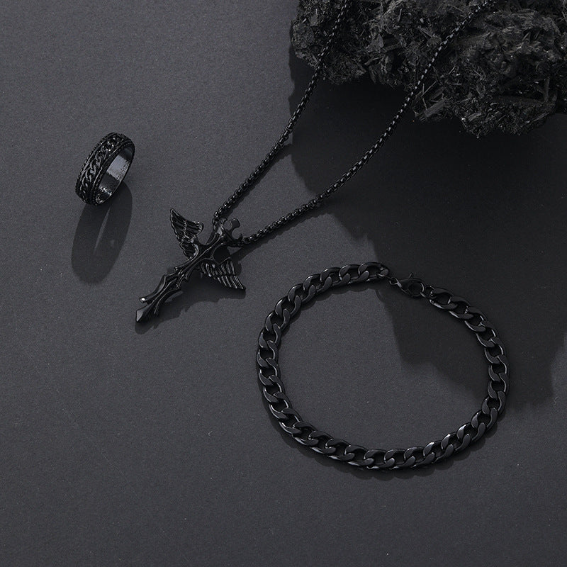 Wholesale Stylish Black Cross Crown Roman Numeral 3 Piece Jewelry Set Necklace Bracelet Ring Fashion Accessory Gift