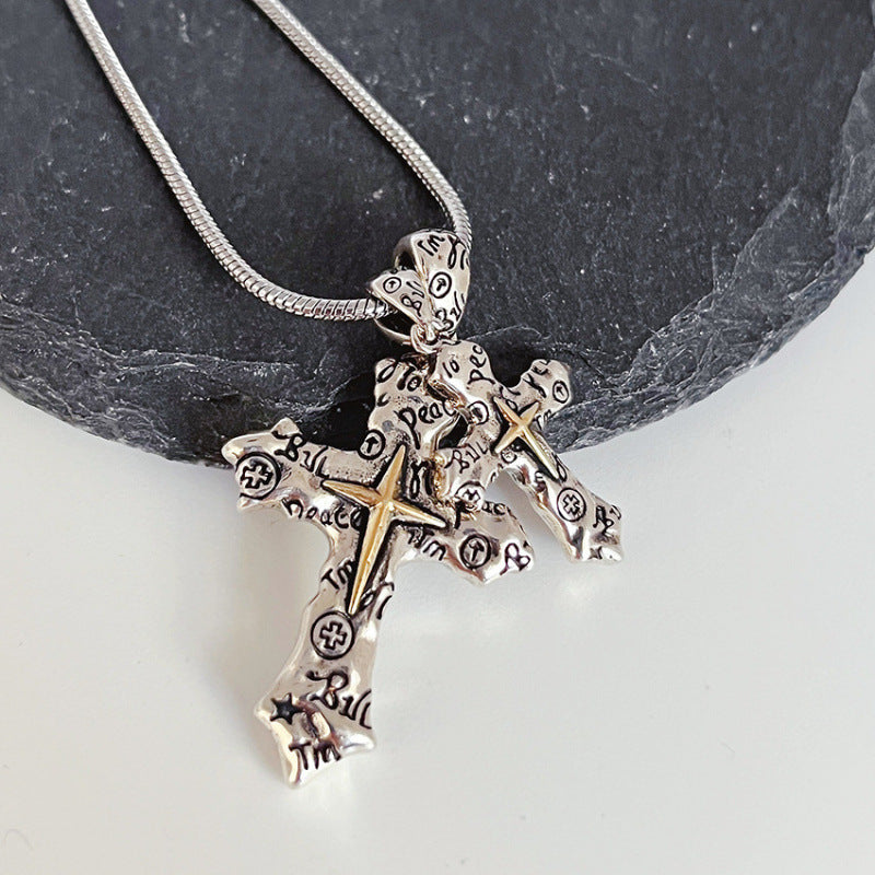 Wholesale Zinc Alloy Retro Graffiti Cross Pendant Necklace Unisex Hip Hop Trendy Fashion Accessory Gift