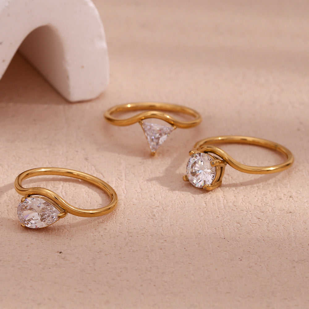 Wholesale Geometric Wave Ring Stainless Steel Gold Zircon Ring Fashion Jewelry Accessory Gift Boutique Resale