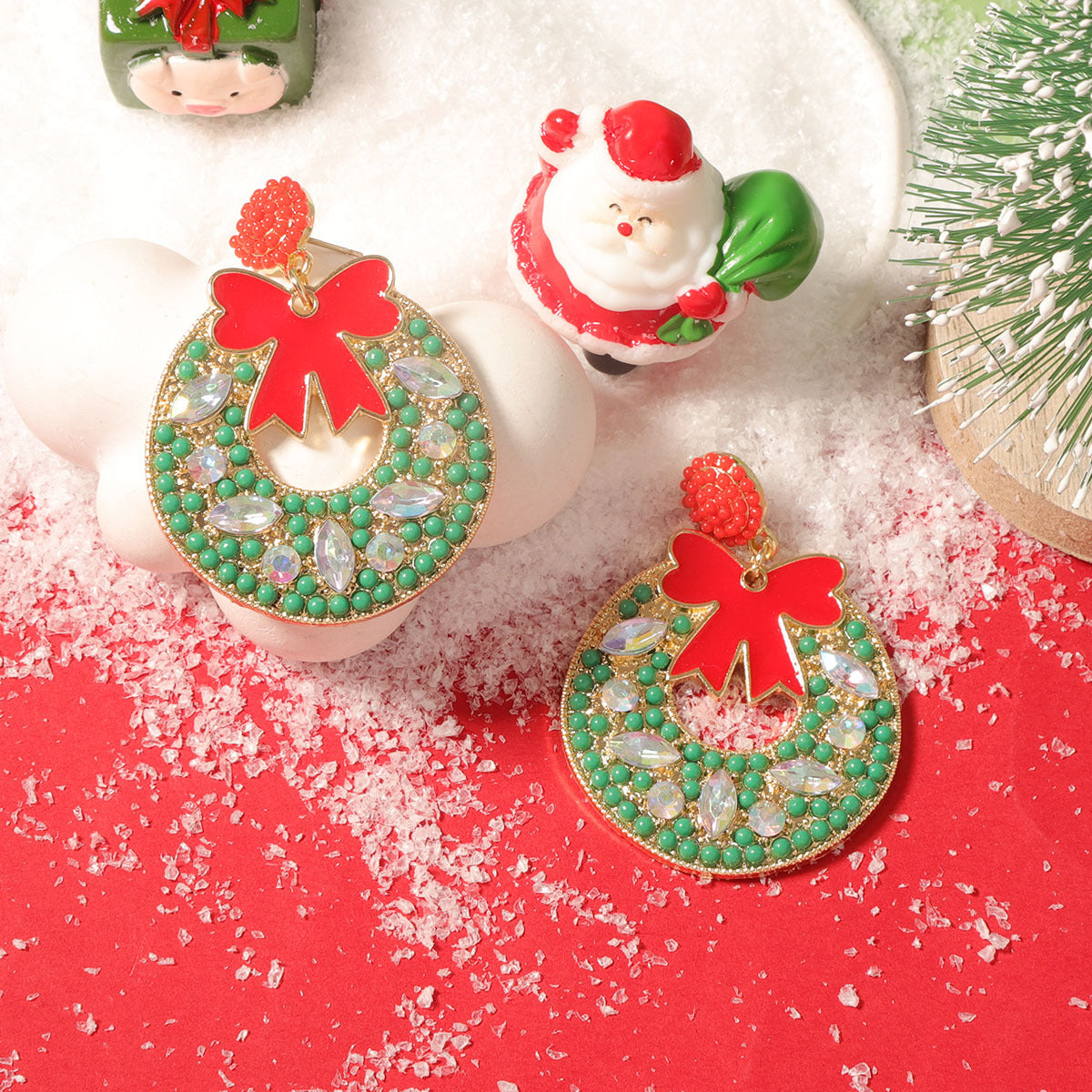 Wholesale Christmas oil drop red bow zircon earrings