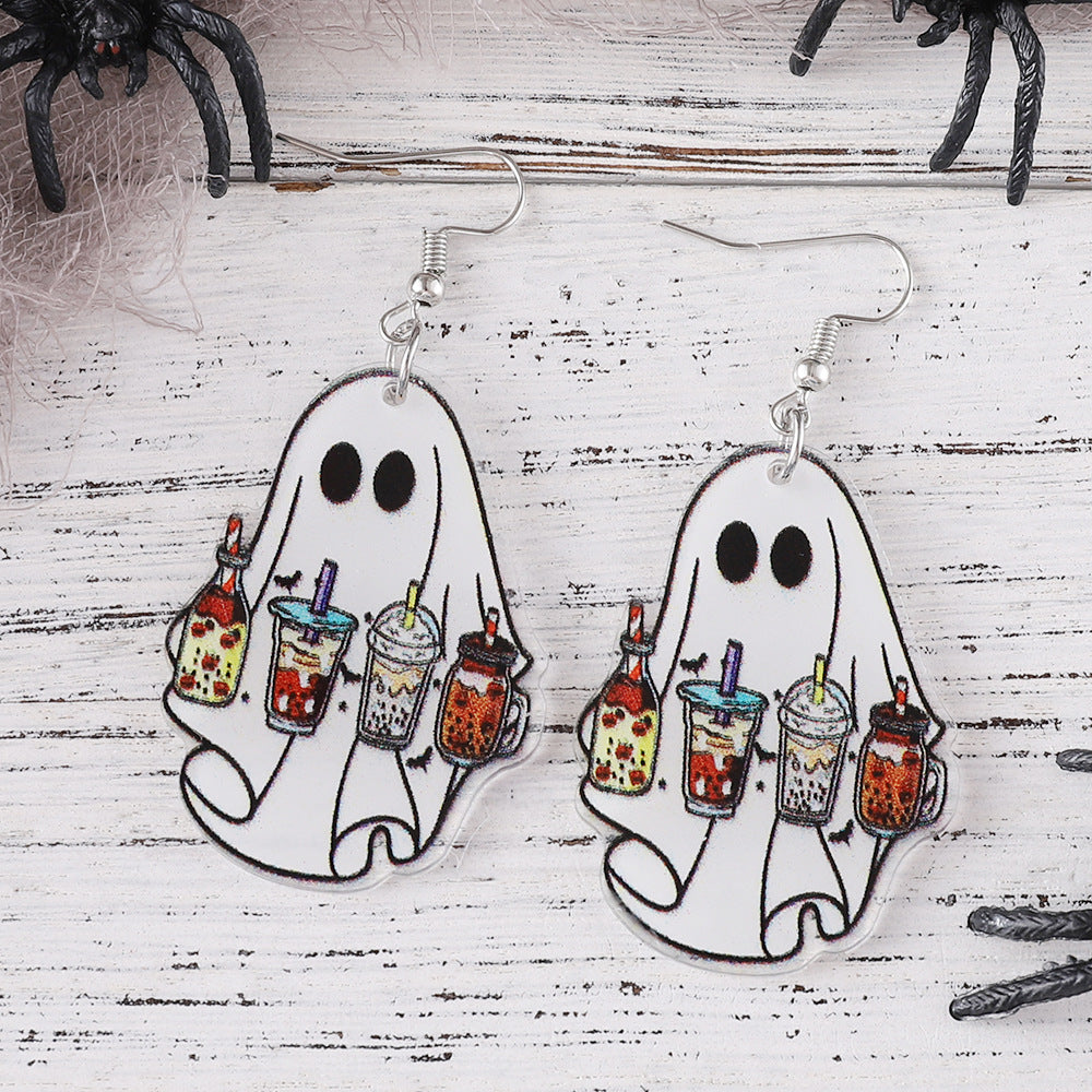Wholesale Halloween Cute Ghost Coffee Cup Pendant Acrylic Earrings