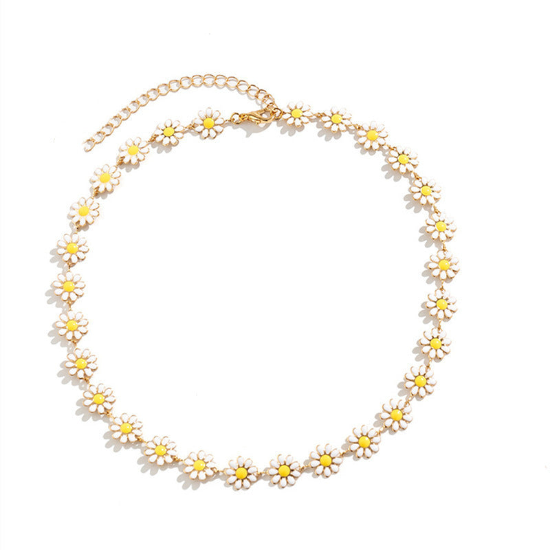 Wholesale European and American Cross-Border Bohemian Style Oil Dripping Small  Flower Clavicle Chain Necklace Women' s Flower Painted Oil Dripping Necklace
