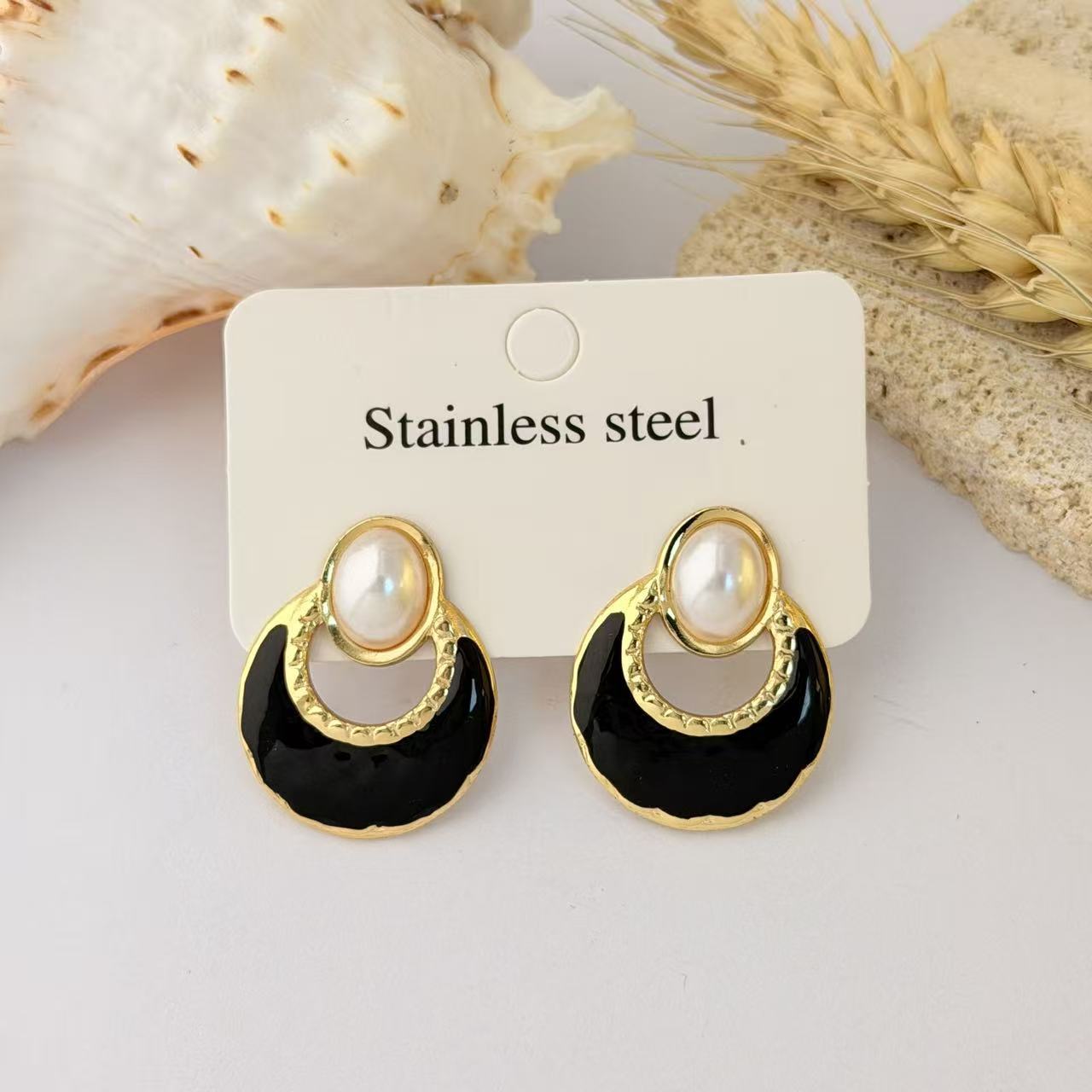 Wholesale Dripping Glaze Stainless Steel Earrings Minimalist Fan-Shaped Fashion Jewelry Accessory for Women