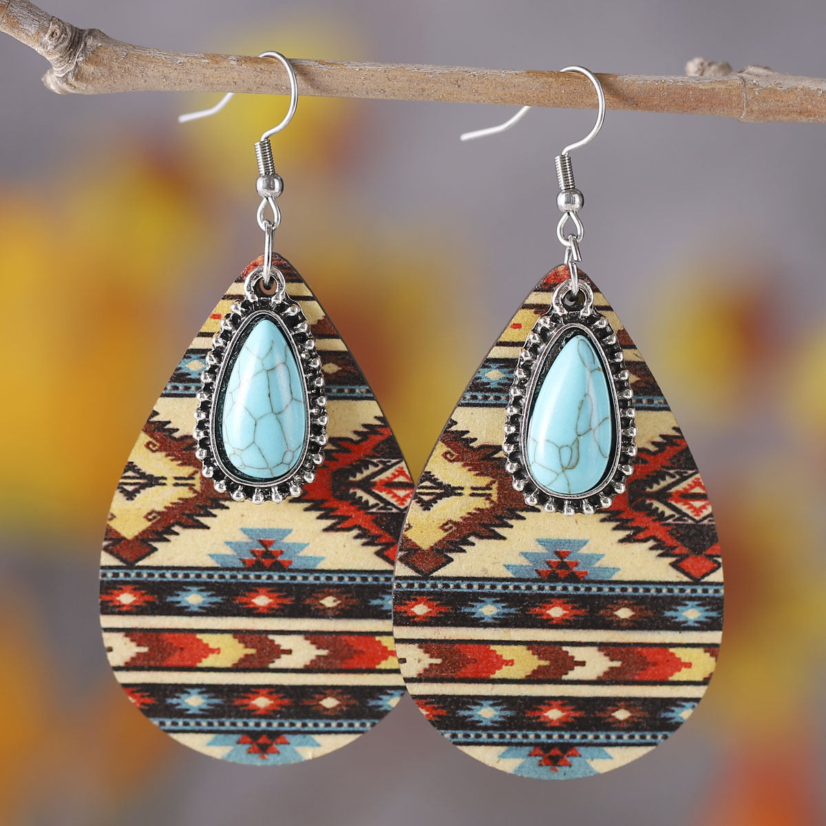 Wholesale Bohemian Western Ethnic Style Wooden Double Sided Water Drop Earrings ACC-ES-ChuLian104