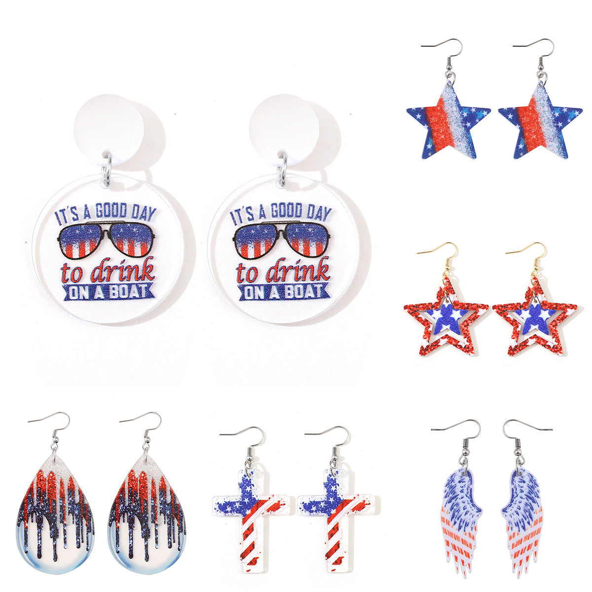 Wholesale of American Independence Day Droplet Wings, Flag Glasses, Acrylic Double Sided Earrings ACC-ES-ChuLian013