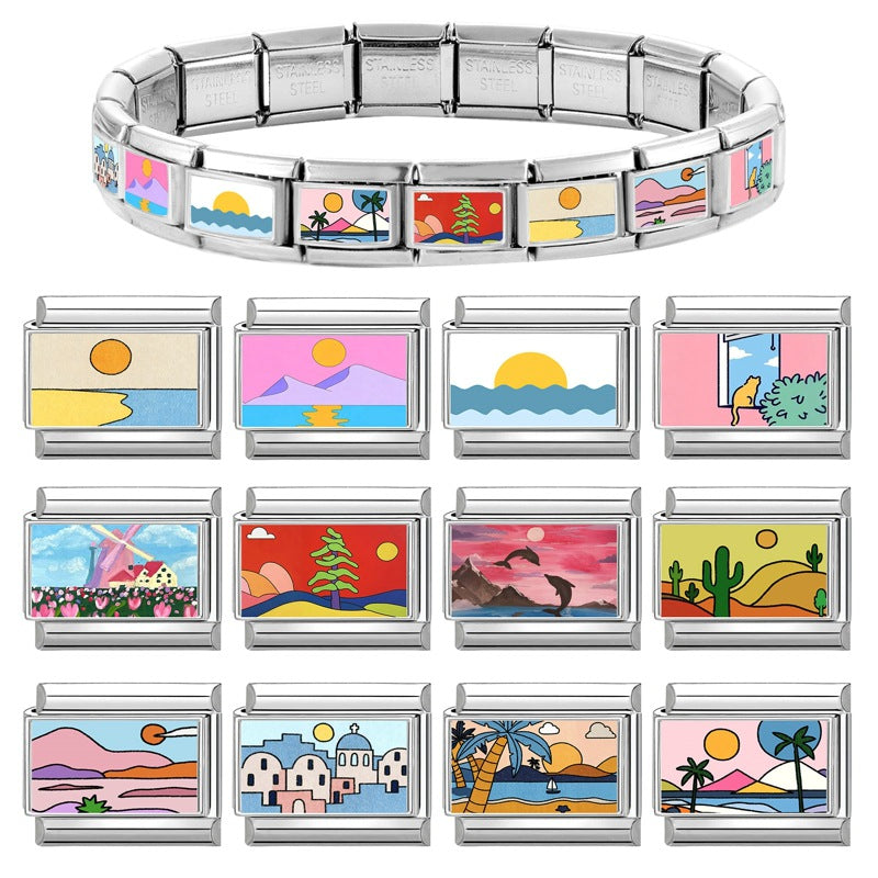 Wholesale Landscape Pattern Stainless Steel Interlocking Module Bracelet DIY Fashion Accessory