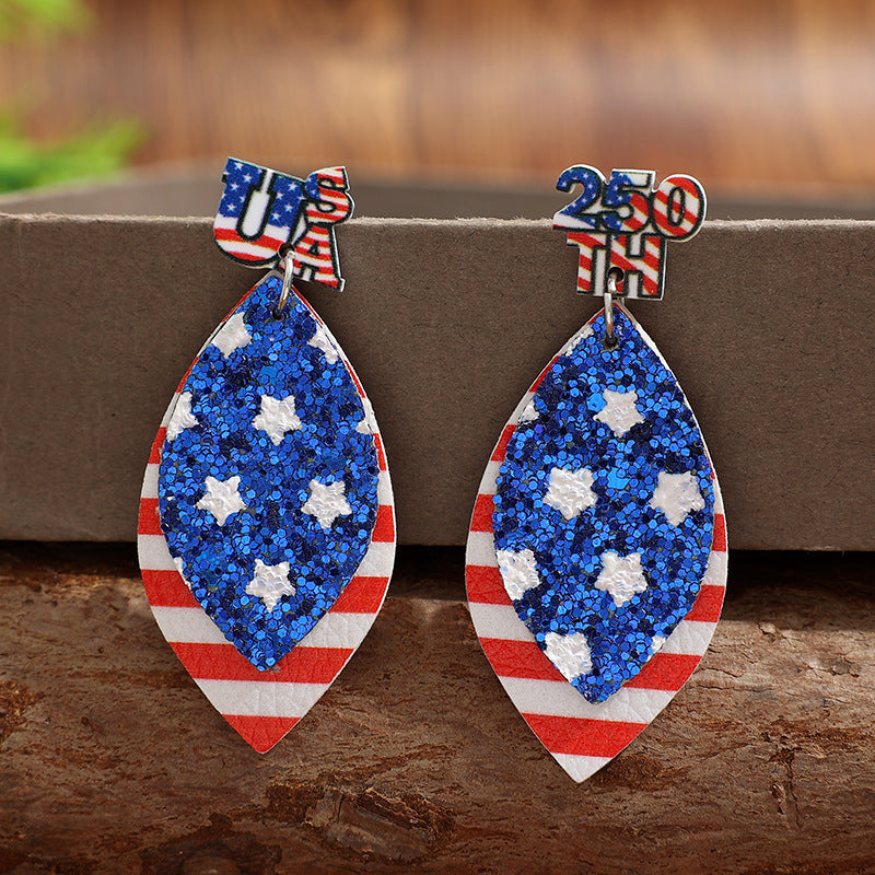 Wholesale Thre Layer Teardrop American Flag and Star Sequin Earrings