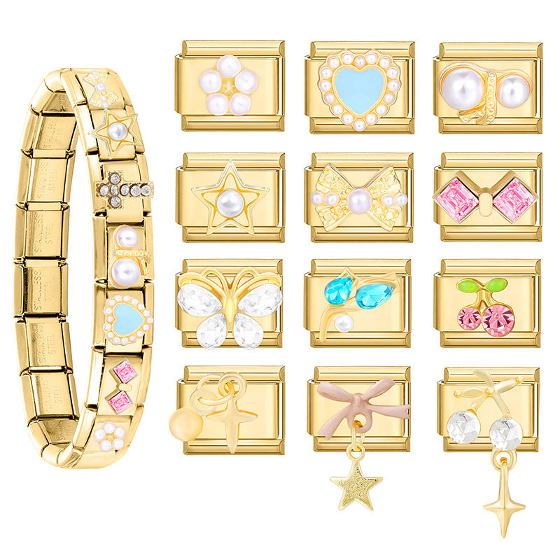 Wholesale Italian Beaded Bracelet 9mm DIY Splicing Removable Gold Bottom Diamond Pendant Series Stainless Steel Combinable Bracelet