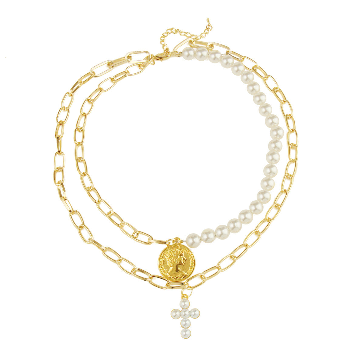 Wholesale Hot-Selling Fashion Pearl Cross Clavicle Pendant Double-Layer Chain Niche Design Women' s Necklace