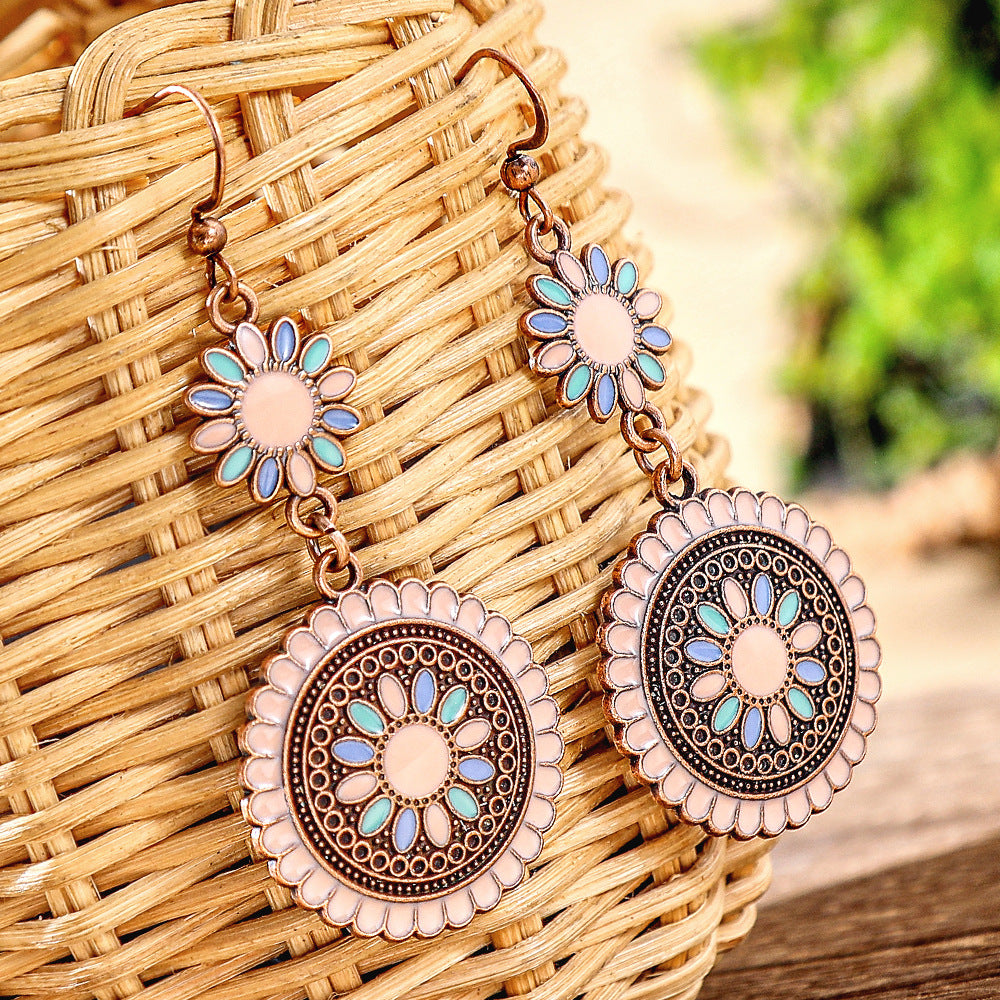 Wholesale Retro Sunflower Oil Drip Earrings - Zinc Alloy Jewelry Accessory for Party