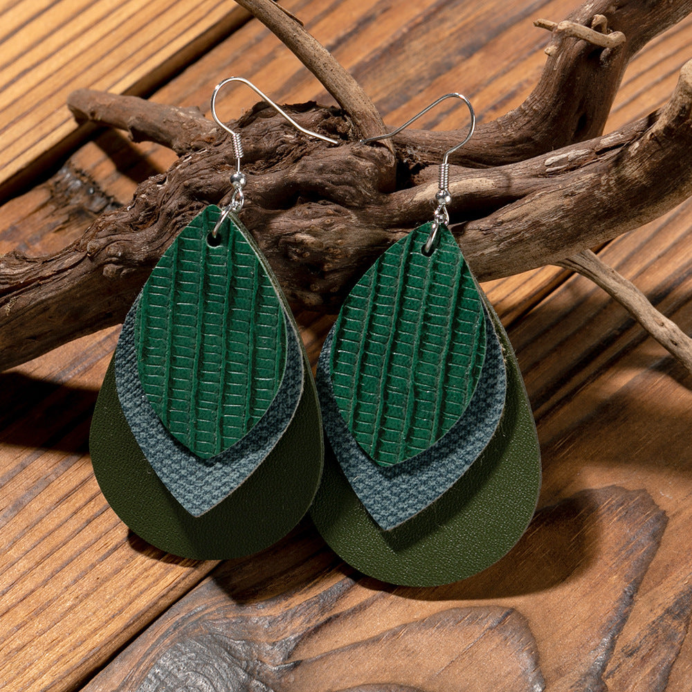Wholesale Retro Multi-layer Water Drop Leaf PU Leather Earrings Jewelry Accessory