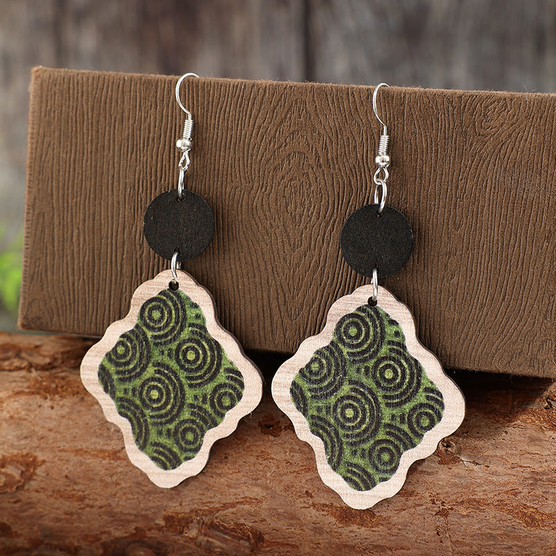 Wholesale Retro Green Swirl Pattern Bohemian Wooden Earrings Fashion Accessory Gift