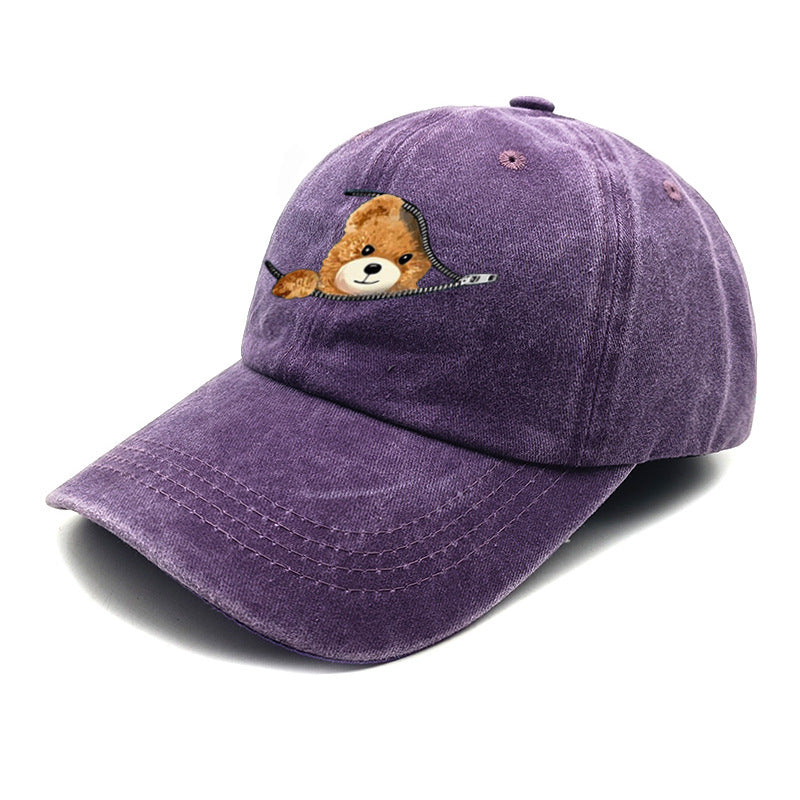 Wholesale Zipper Bear Print Cotton Vintage Washed Baseball Cap Hat
