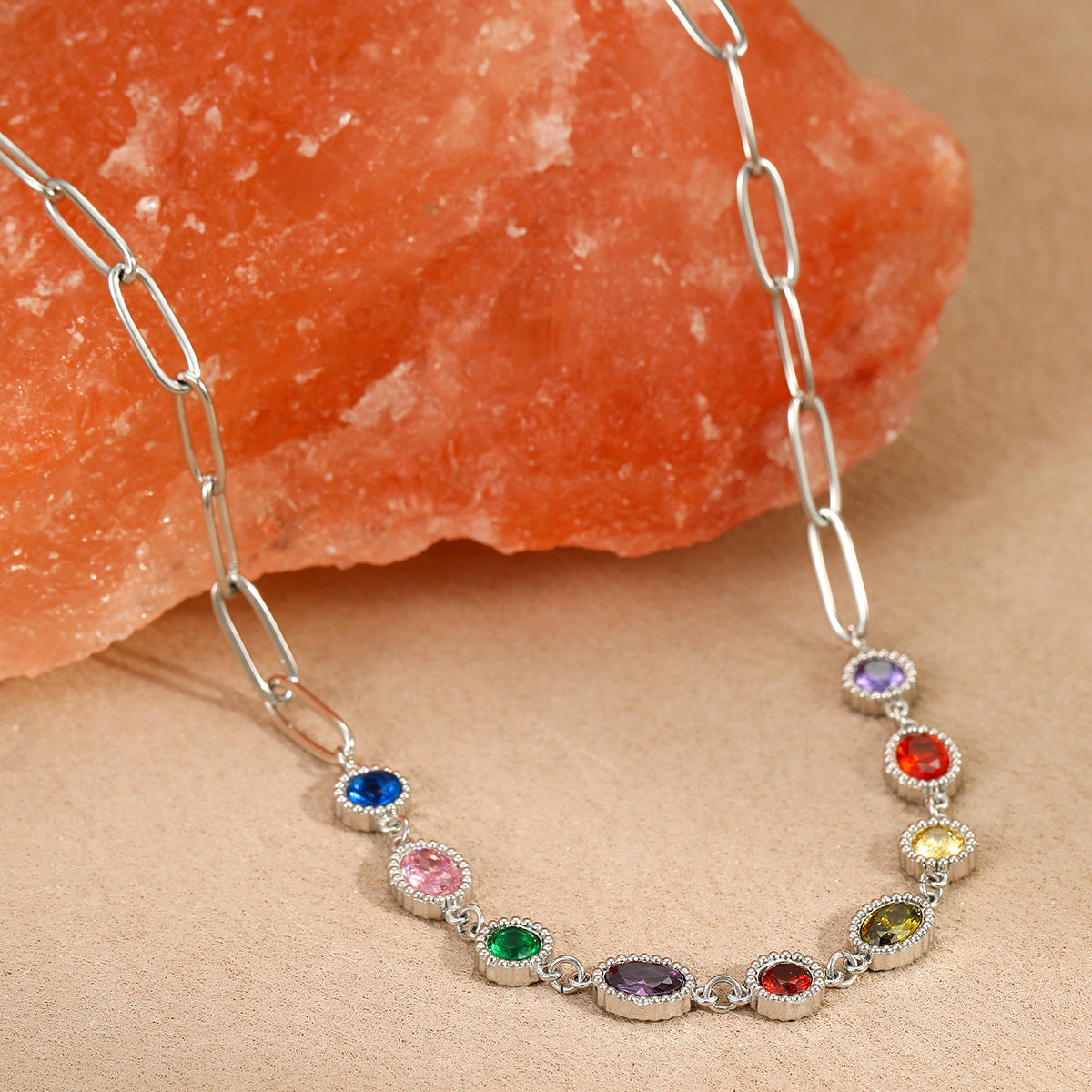 Wholesale Stainless Steel Colorfulful Zircon French Retro  Clavicle Chain