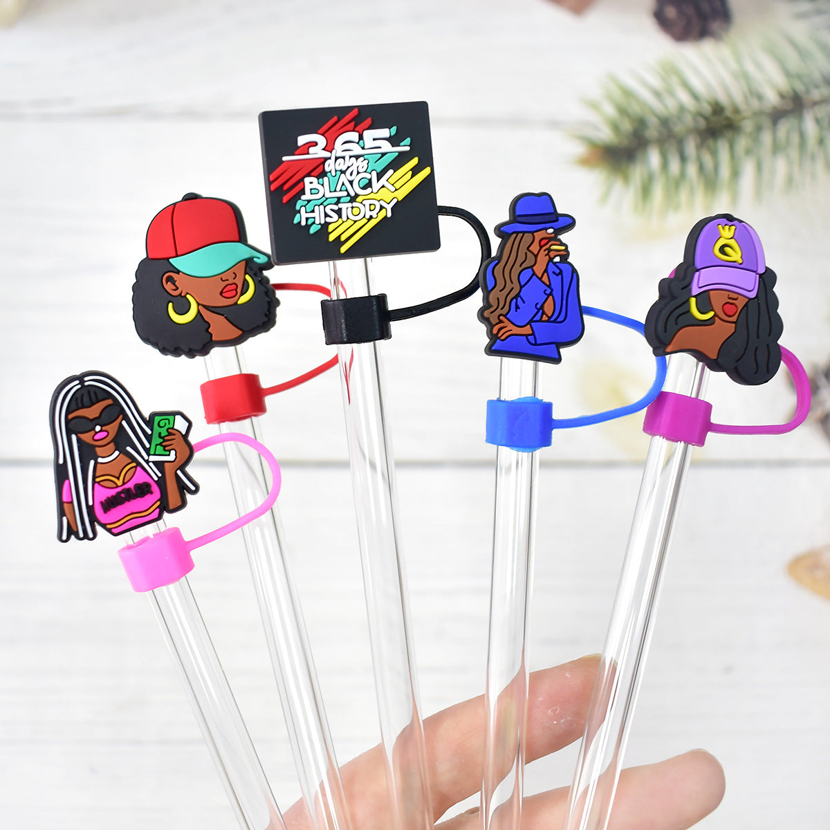 Wholesale 100pcs randomly black girl fashion series straw covers,  10mm soft silicone straw tube cap.