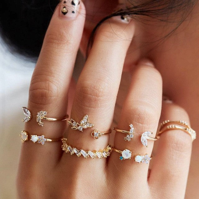 Wholesale Star and Moon Diamond Snake Ring 7-Piece Set