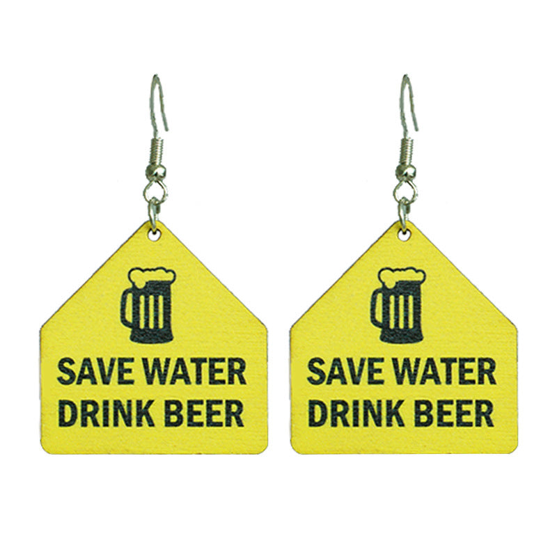 Wholesale 2 Pairs/pack Beer Red Wine Fun Funny Earrings Warning Sign Wooden Earrings ACC-ES-HY086