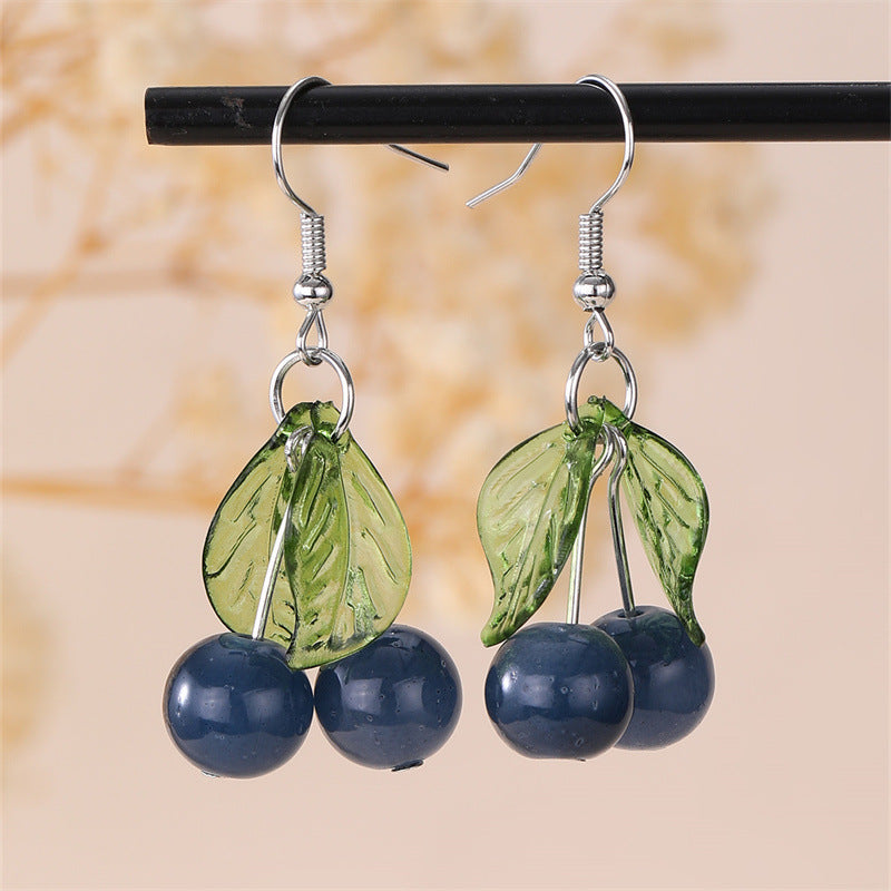 Wholesale Cherry Fruit Pendant Green Leaf Earrings ACC-ES-NZ001