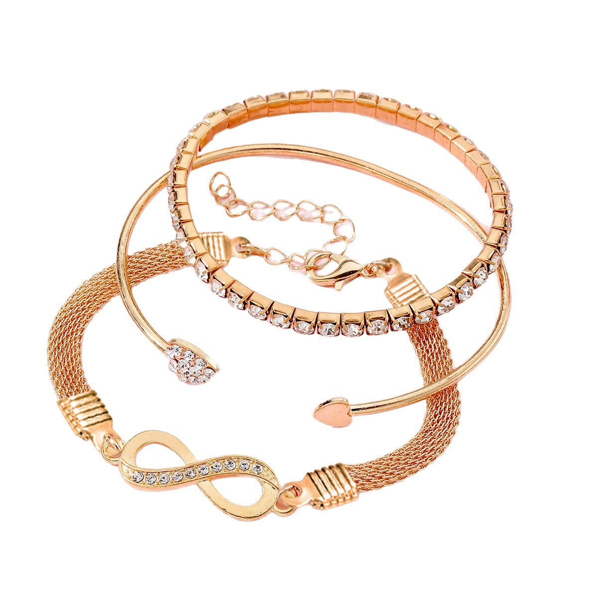 Wholesale Gold Electroplated Alloy Heart Infinity Rhinestone Open Cuff Bracelet Set Women' s Jewelry Gift