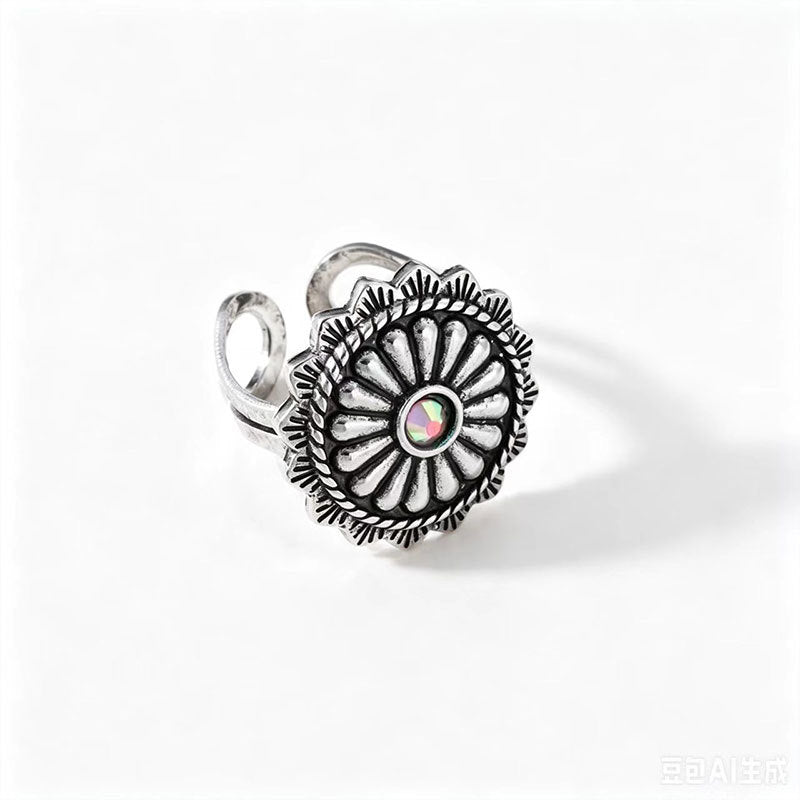 Wholesale Vintage Bohemian Turquoise Flower Ring,  Alloy Electroplated Pinky Ring,  Trendy Fashion Accessory for Resale