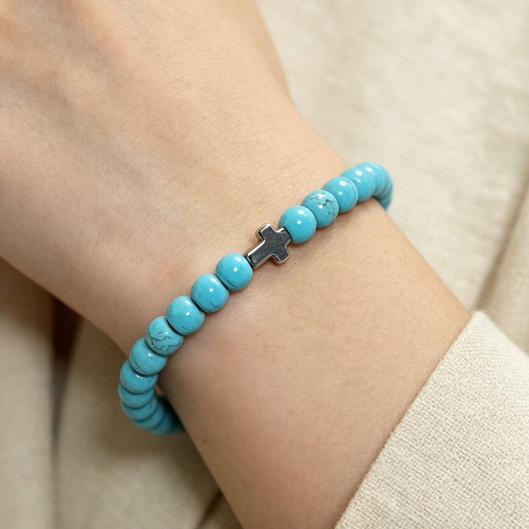 Wholesale Nordic Style Natural Stone Bracelet with Cross Pendant,  Handmade Beaded Jewelry Accessory