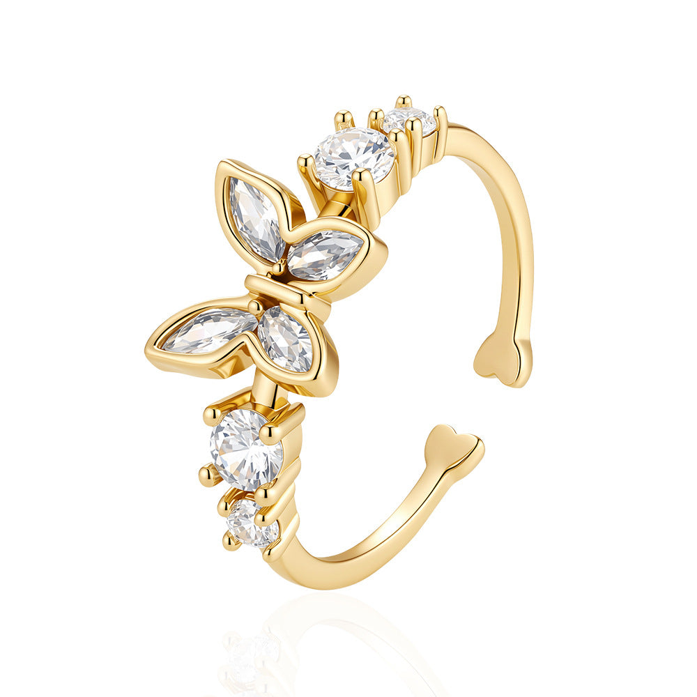 Wholesale Electroplated Copper Zircon Butterfly Ring For Women Japanese Korean Trendy Fashion Jewelry Accessory Gift