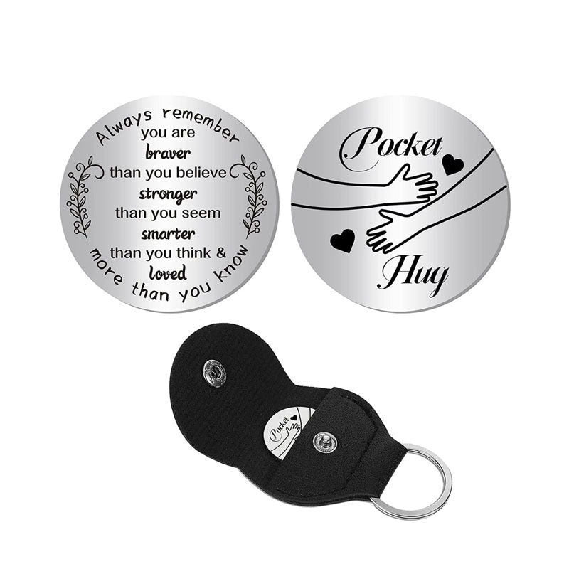 Wholesale Cute Titanium Steel Wedding Lucky Charm Coin Keychain Gift With Leather Bag For Boutique Resale
