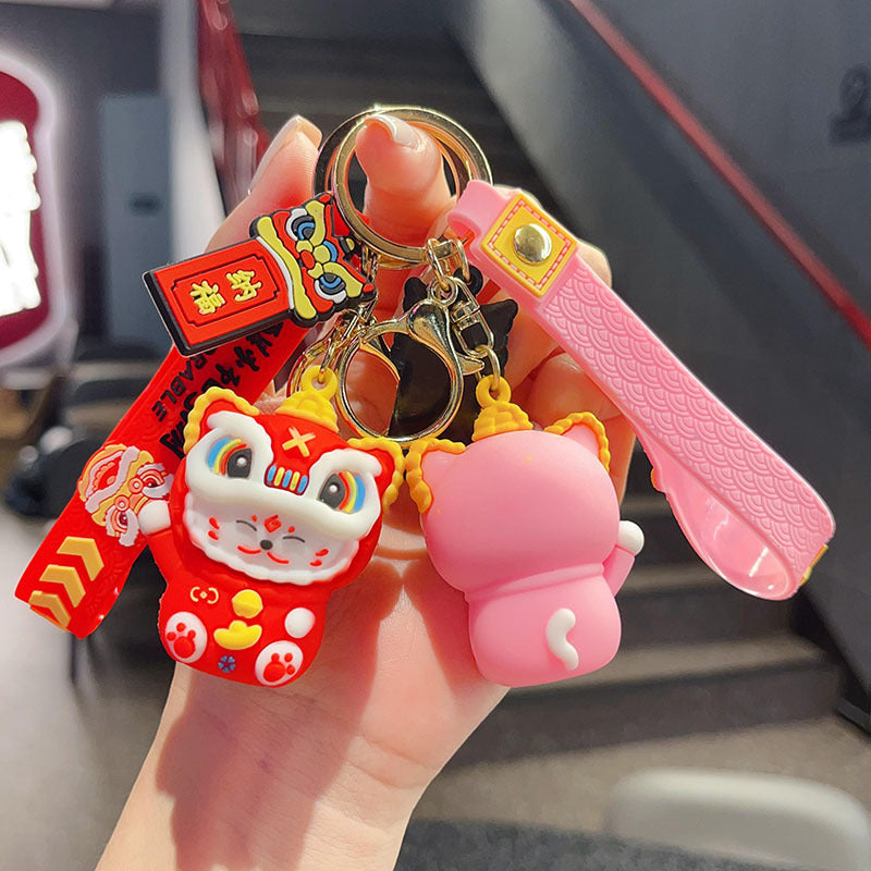 Wholesale Trendy Lion Dance Lucky Cat 3D PVC Keychain Cartoon Bag Car Hanging Ornament Decorative Gift Resale