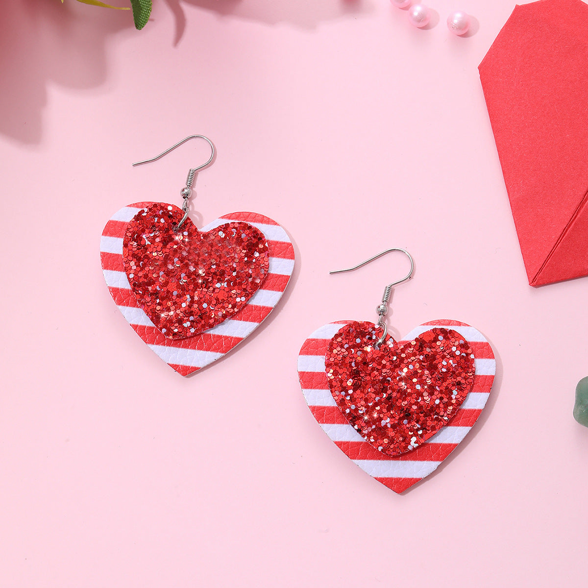 Wholesale Valentine' s Day Love Shape Red and White  Leather Earrings