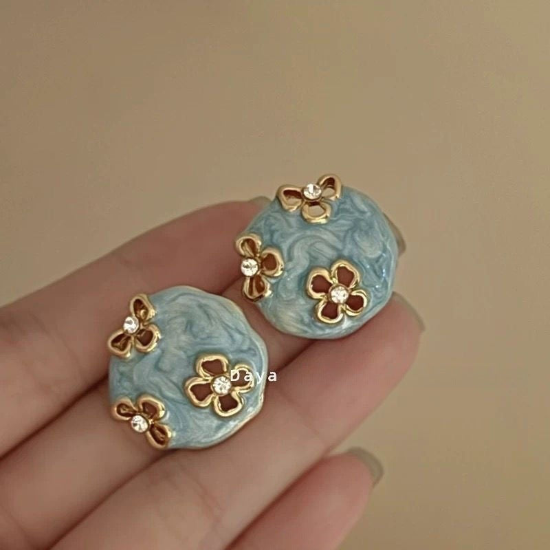 Wholesale Blue Retro Glaze Rose Flower Zircon Earrings
