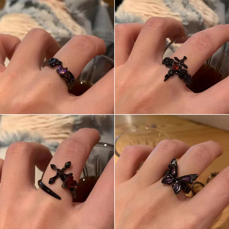 Wholesale Stylish Dark Cross Flower Open Ring For Women Alloy With Dark Purple Zircon Jewelry Accessory For Boutique Resale