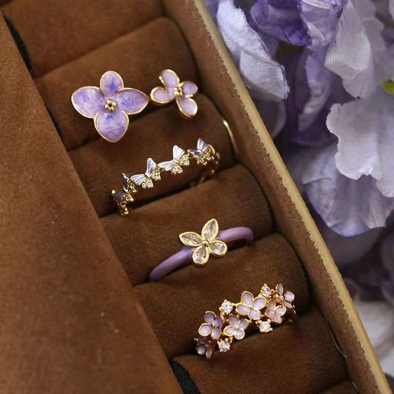 Wholesale Purple Butterfly Flower Open Ring Alloy Zircon Women S Jewelry Stylish Casual Party Gift Accessory