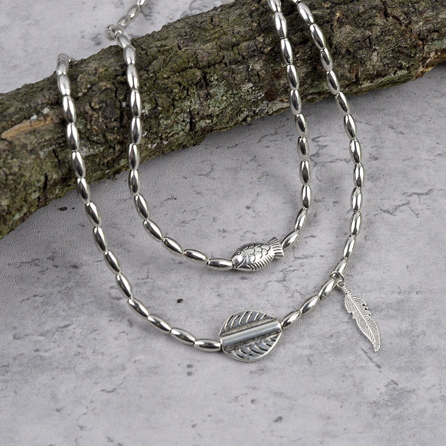 Wholesale Vintage Multi Layer Bracelet Anklet Set Antique Silver Leaf Fish Pendant Unisex Zinc Alloy Fashion Accessory