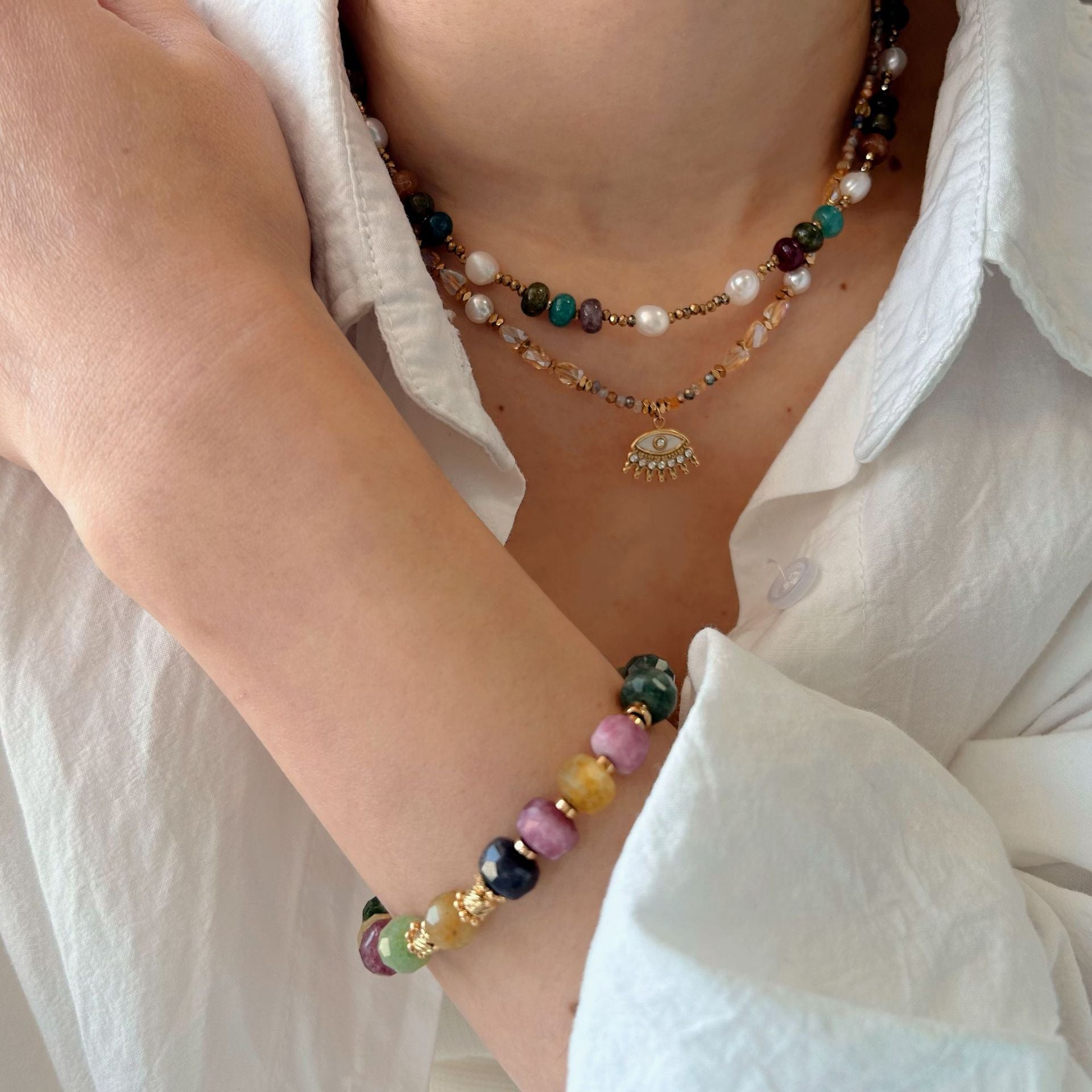 Wholesale Stainless Steel Colorful Natural Stone Beaded Necklace Diamond Devil's Eye  Necklace