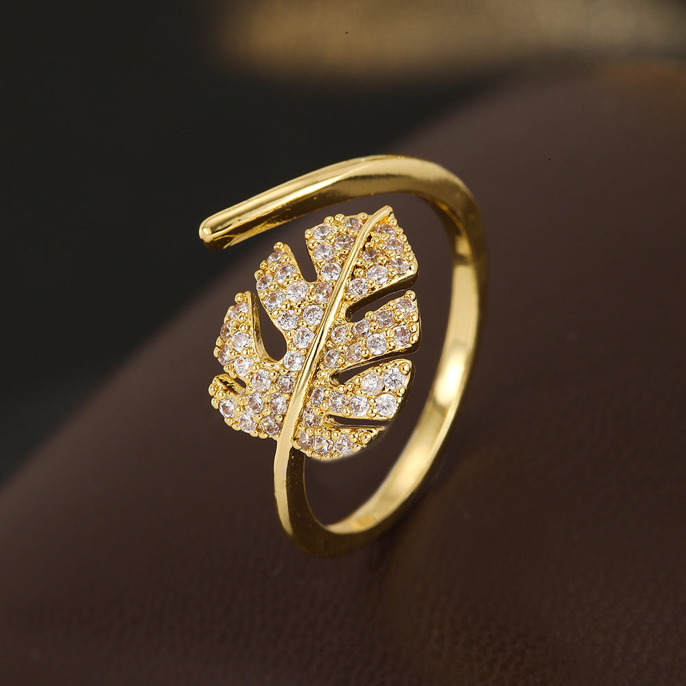 Wholesale Gold Plated Copper Open Ring With Zircon Leaf Design Trendy Women S Jewelry Accessory