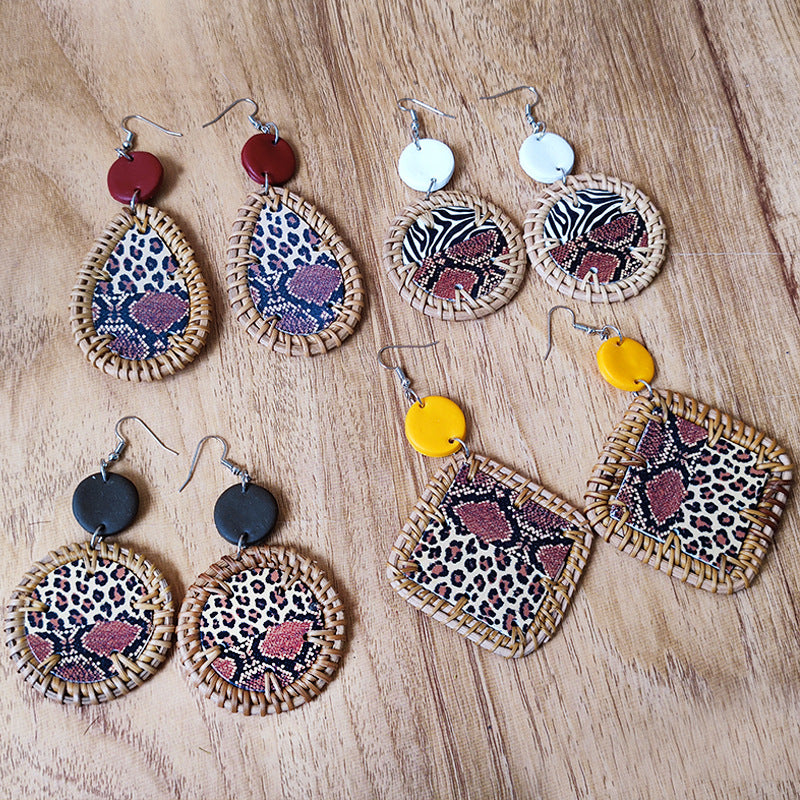 Wholesale 3 Pairs/Pack Polymer Clay Rattan Copper Woven Leopard Zebra Print Earrings ACC-ES-HY100