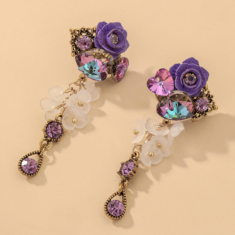 Wholesale 925 Silver Needle Retro Purple Crystal Love Flower Earrings