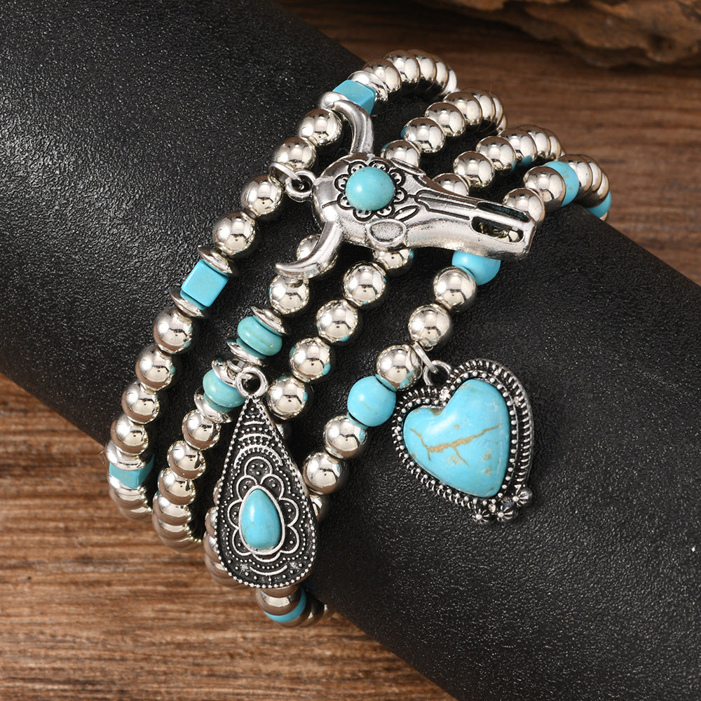 Wholesale Turquoise Set Beaded Bracelet Bull Head Heart Pendant Fashion Bracelet Versatile Design Bracelet