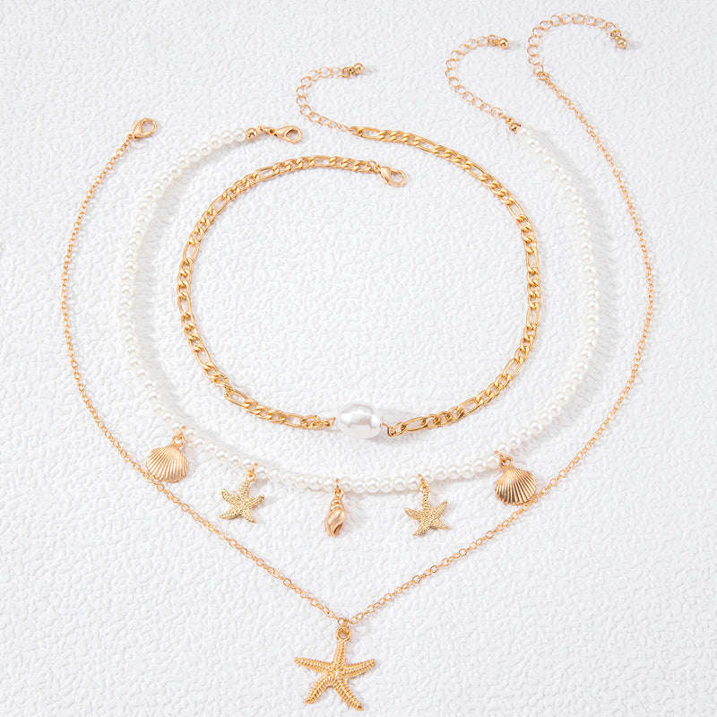 Wholesale  Pearl Necklace Starfish Shell Retro Vacation Niche Multi-layer Necklace