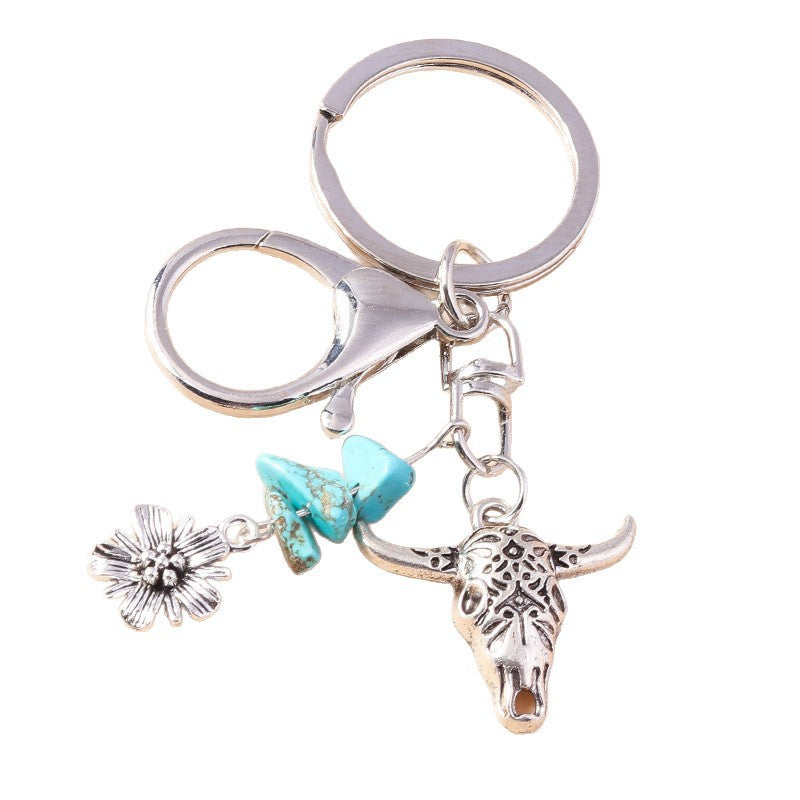 Wholesale  New Fashion Retro Floral Bull Head Keychain Ethnic Style Turquoise Rose Elephant Keychain