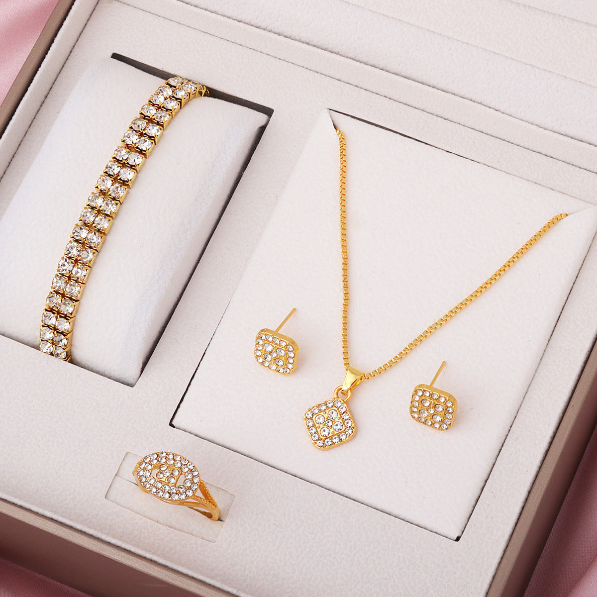 Wholesale light luxury diamond geometric necklace ring earring 4-piece set  jewelry set