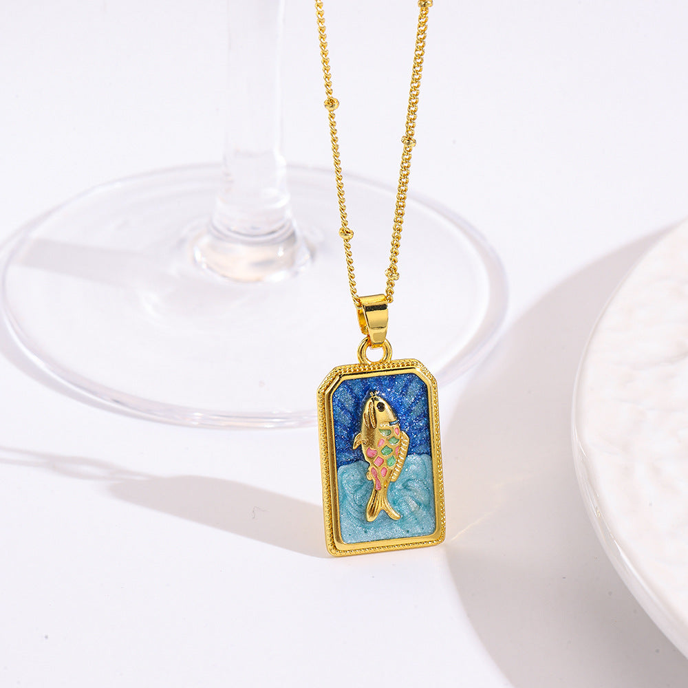 Wholesale square color dripping copper love conch shell eye moon jellyfish tarot pendant necklace