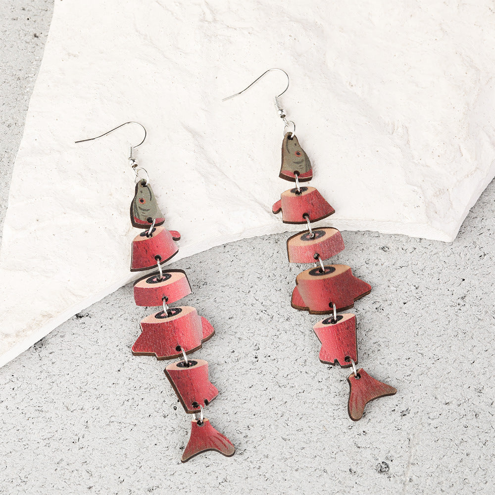 Wholesale  wood earrings personalized fish-shaped multi-segment connection earrings
