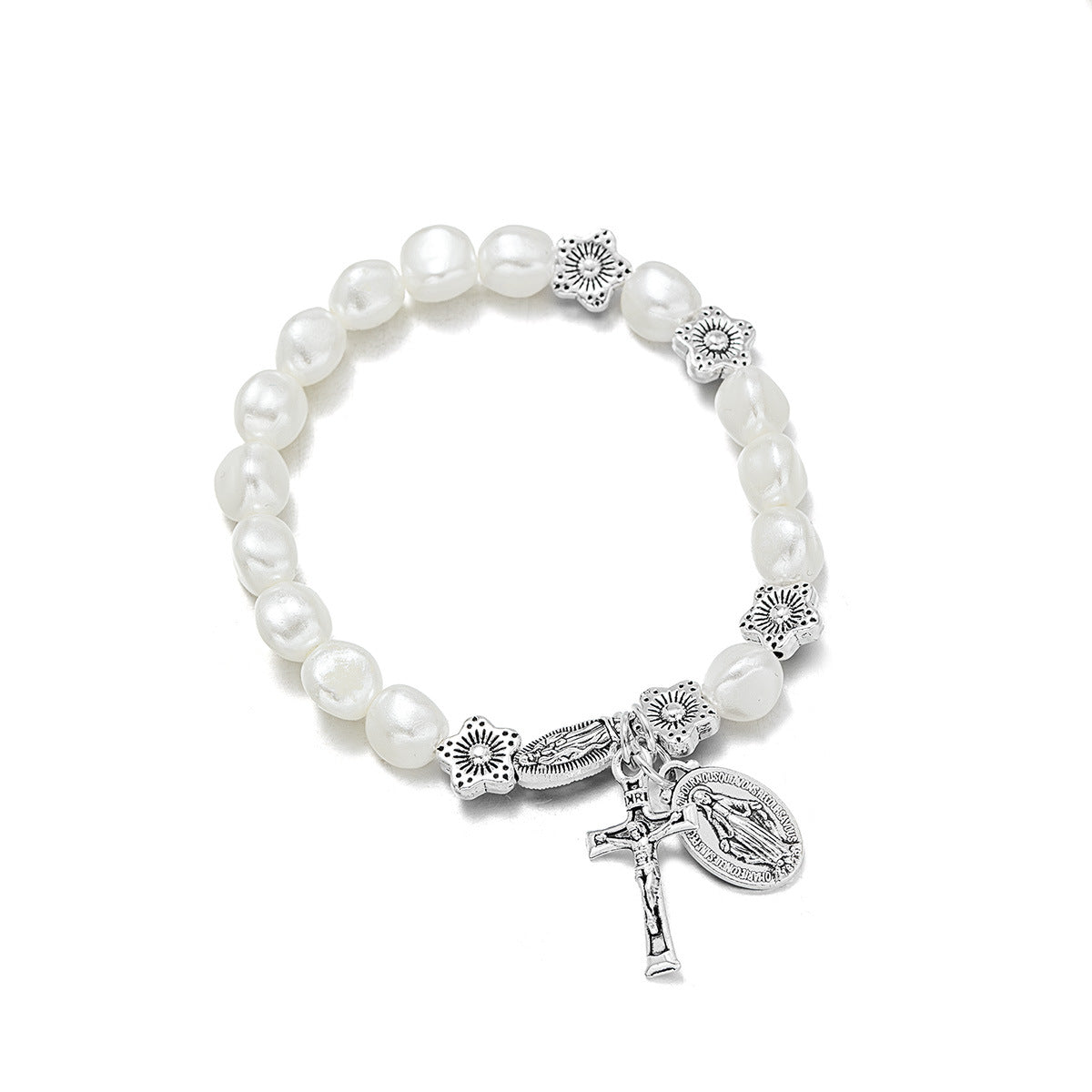 Wholesale  floral resin wood beaded Virgin Mary pendant bracelet