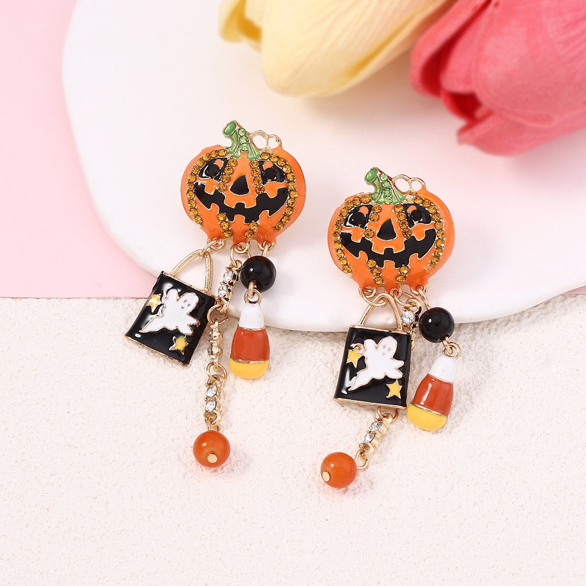 Wholesale  Drop Oil Funny Zircon Pumpkin Skull Tassel  Earrings