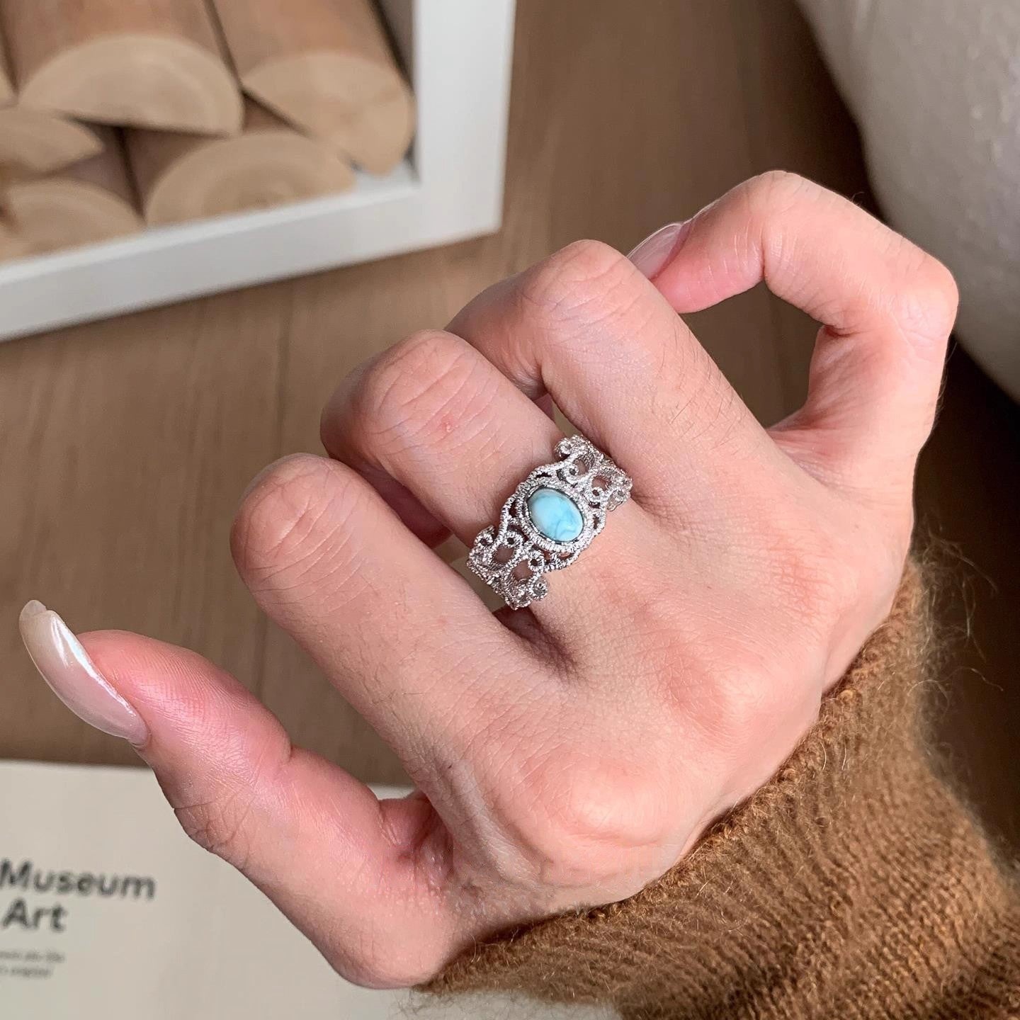 Wholesale Geometric Lace Turquoise Ring,  Copper Adjustable,  Women' s Everyday Jewelry Accessory