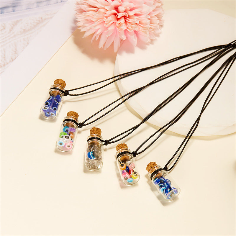 Wholesale  Fashion Devil's Eye Glass bottle pendant card wax rope necklace