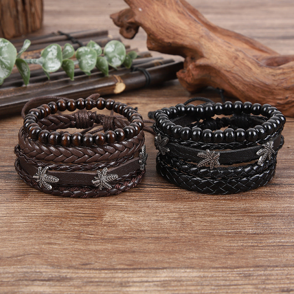 Wholesale Stylish Retro Maple Leaf Leather Bracelet With Woven Wood Beads Adjustable Unisex Hip Hop Jewelry Accessory