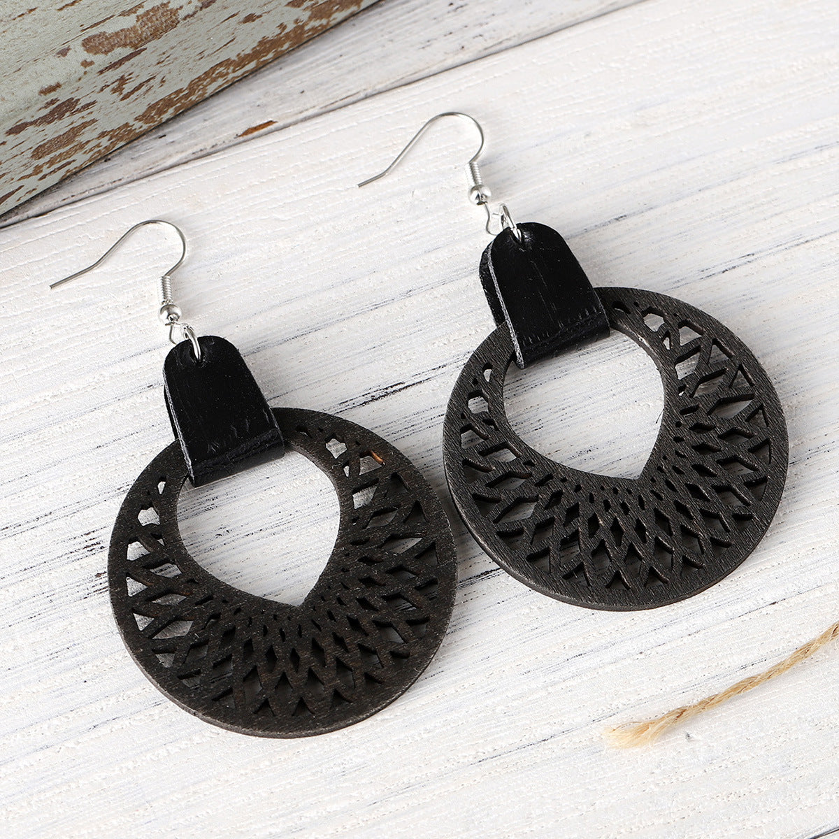 Wholesale Bohemian cut-out round drop earrings in wood PU leather panels reversible earrings
